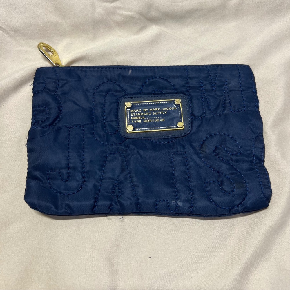Marc by Marc Jacobs Navy Blue Quilted Nylon Cosmetic Pouch Logo Zip Clutch Bag
